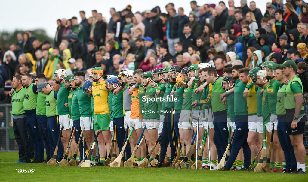 29 September 2019; The Dunloy squad standing for the national anthem before the Antrim County Senior Club Hurling Final match between Cushendall Ruairí Óg and Dunloy at Ballycastle in Antrim. Photo by Oliver McVeigh/Sportsfile