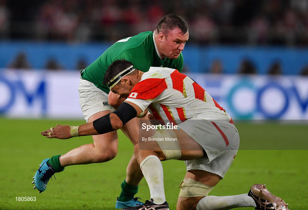 28 September 2019; David Kilcoyne of Ireland is tackled by Luke Thompson of Japan during the 2019 Rugby World Cup Pool A match between Japan and Ireland at the Shizuoka Stadium Ecopa in Fukuroi, Shizuoka Prefecture, Japan. Photo by Brendan Moran/Sportsfile