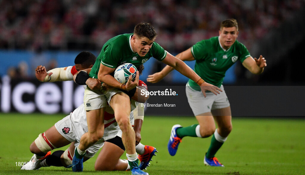 28 September 2019; Garry Ringrose of Ireland is tackled by Wimpie van der Walt and Asaeli Ai Valu of Japan during the 2019 Rugby World Cup Pool A match between Japan and Ireland at the Shizuoka Stadium Ecopa in Fukuroi, Shizuoka Prefecture, Japan. Photo by Brendan Moran/Sportsfile