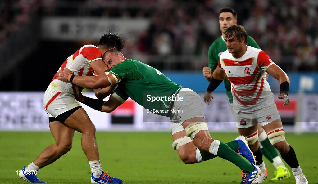 28 September 2019; Rhys Ruddock of Ireland tackles Ryoto Nakamura of Japan during the 2019 Rugby World Cup Pool A match between Japan and Ireland at the Shizuoka Stadium Ecopa in Fukuroi, Shizuoka Prefecture, Japan. Photo by Brendan Moran/Sportsfile