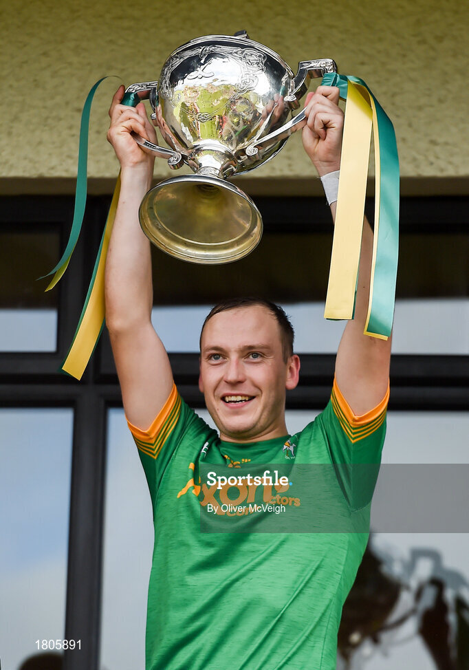 29 September 2019; Dunloy Captain Paul Shields lifts the cup after the Antrim County Senior Club Hurling Final match between Cushendall Ruairí Óg and Dunloy at Ballycastle in Antrim. Photo by Oliver McVeigh/Sportsfile