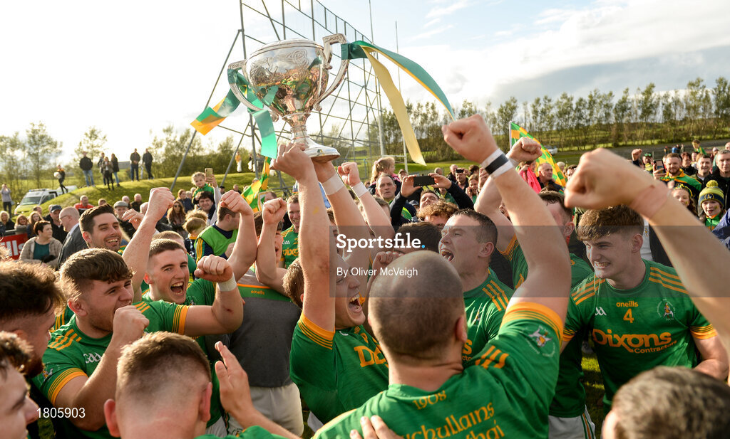 29 September 2019; Dunloy Captain Paul Shields celebrates with the cup after the Antrim County Senior Club Hurling Final match between Cushendall Ruairí Óg and Dunloy at Ballycastle in Antrim. Photo by Oliver McVeigh/Sportsfile