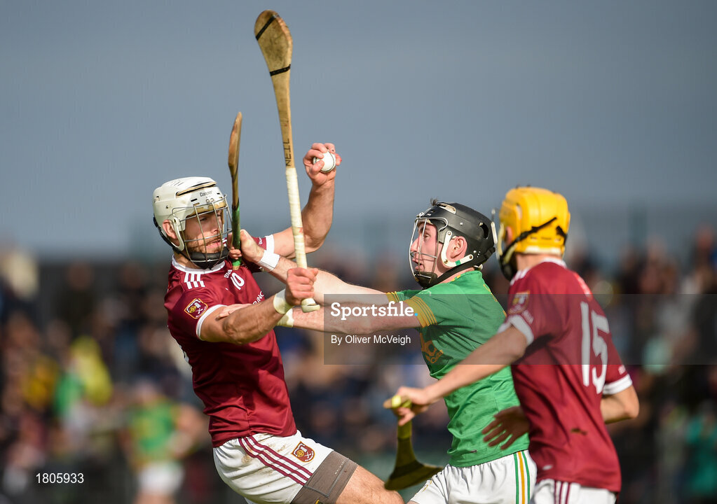 29 September 2019; Neil McManus of Cushendall Ruairí Óg in action against Ryan McGarry of Dunloy during the Antrim County Senior Club Hurling Final match between Cushendall Ruairí Óg and Dunloy at Ballycastle in Antrim. Photo by Oliver McVeigh/Sportsfile