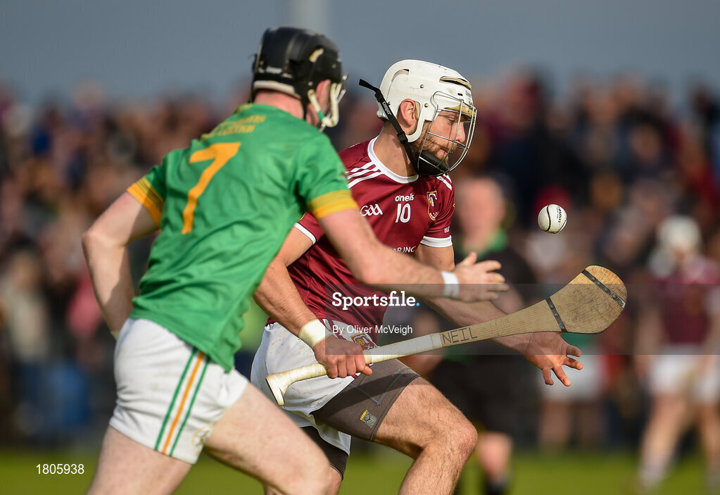 29 September 2019; Neil McManus of Cushendall Ruairí Óg in action against Ryan McGarry of Dunloy during the Antrim County Senior Club Hurling Final match between Cushendall Ruairí Óg and Dunloy at Ballycastle in Antrim. Photo by Oliver McVeigh/Sportsfile