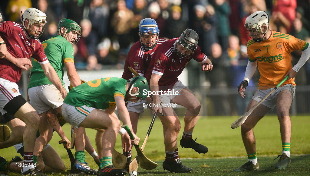 29 September 2019; Kevin Molloy of Dunloy and Fergus McCambride of Cushendall Ruairí Óg scrambling to get possession in the box  during the Antrim County Senior Club Hurling Final match between Cushendall Ruairí Óg and Dunloy at Ballycastle in Antrim. Photo by Oliver McVeigh/Sportsfile