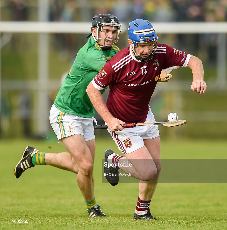 29 September 2019; Paddy McGill of Cushendall Ruairí Óg in action against Phelim Duffin of Dunloy during the Antrim County Senior Club Hurling Final match between Cushendall Ruairí Óg and Dunloy at Ballycastle in Antrim. Photo by Oliver McVeigh/Sportsfile
