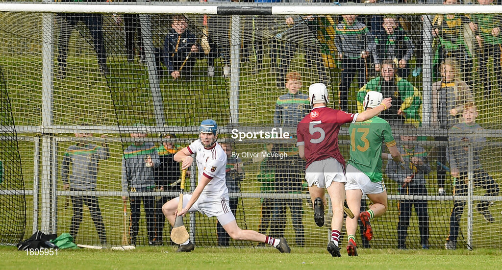 29 September 2019; Sean Elliott of Dunloy scoring his side's second goal against Conor McAlister of Cushendall Ruairí Óg during the Antrim County Senior Club Hurling Final match between Cushendall Ruairí Óg and Dunloy at Ballycastle in Antrim. Photo by Oliver McVeigh/Sportsfile