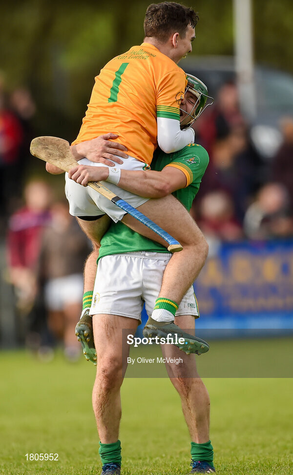 29 September 2019; Ryan Elliott and Paul Shields of Dunloy celebrate at the final whistle of the Antrim County Senior Club Hurling Final match between Cushendall Ruairí Óg and Dunloy at Ballycastle in Antrim. Photo by Oliver McVeigh/Sportsfile