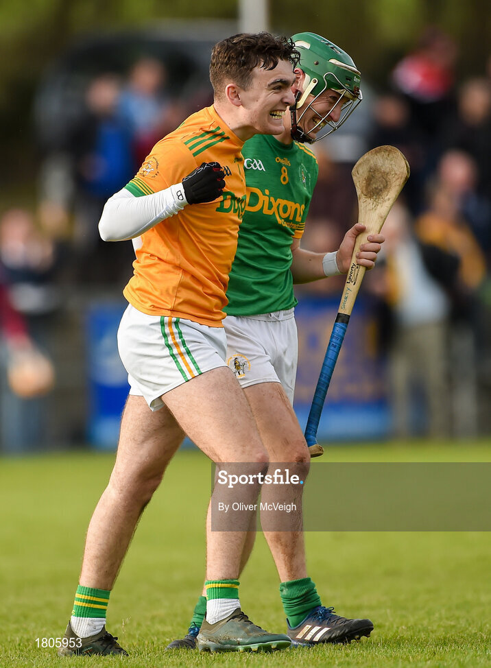 29 September 2019; Ryan Elliott and Paul Shields of Dunloy celebrate after the Antrim County Senior Club Hurling Final match between Cushendall Ruairí Óg and Dunloy at Ballycastle in Antrim. Photo by Oliver McVeigh/Sportsfile