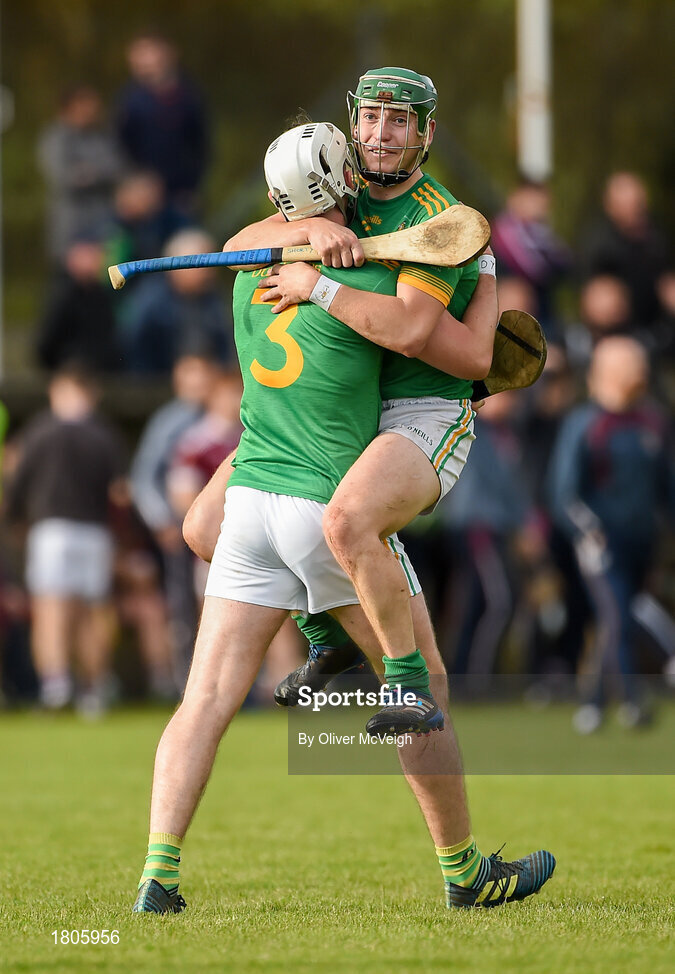 29 September 2019; Conor McKinley and Paul Shields of Dunloy celebrate after the Antrim County Senior Club Hurling Final match between Cushendall Ruairí Óg and Dunloy at Ballycastle in Antrim. Photo by Oliver McVeigh/Sportsfile