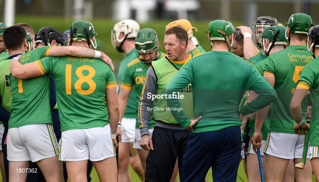 29 September 2019; Dunloy Manager Gregory O'Kane and his players before the Antrim County Senior Club Hurling Final match between Cushendall Ruairí Óg and Dunloy at Ballycastle in Antrim. Photo by Oliver McVeigh/Sportsfile