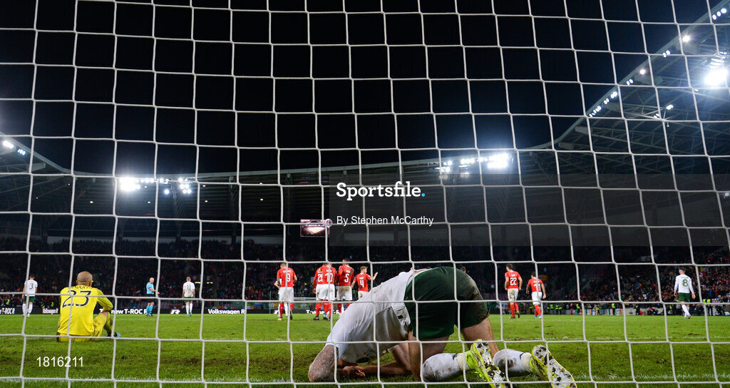 15 October 2019; Shane Duffy of Republic of Ireland reacts after conceding his side's second goal, an own goal, during the UEFA EURO2020 Qualifier match between Switzerland and Republic of Ireland at Stade de Genève in Geneva, Switzerland. Photo by Stephen McCarthy/Sportsfile