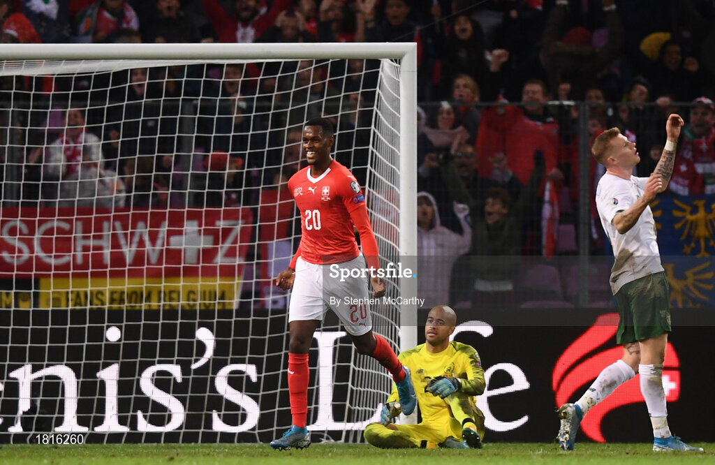 15 October 2019; Edimilson Fernandes of Switzerland celebrates his side's second goal of the game, via a deflection off of Shane Duffy of Republic of Ireland, during the UEFA EURO2020 Qualifier match between Switzerland and Republic of Ireland at Stade de Genève in Geneva, Switzerland. Photo by Stephen McCarthy/Sportsfile