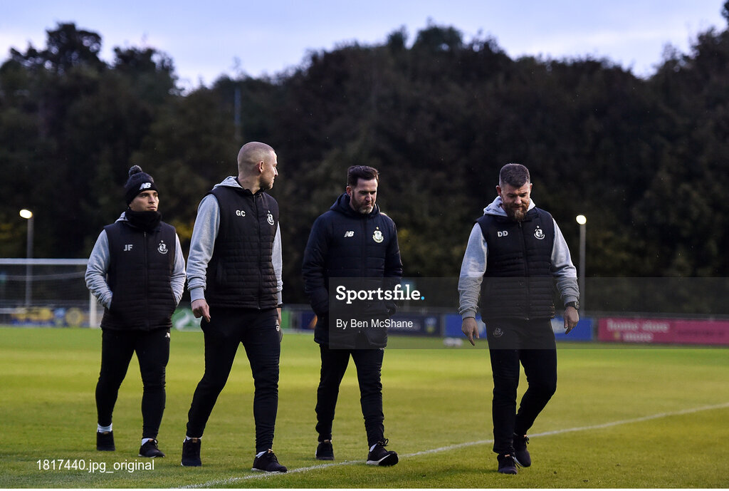 18 October 2019; Shamrock Rovers management, from left goalkeeping coach Jose Ferrer, coach Glenn Cronin, manager Stephen Bradley, and strength & conditioning coach Darren Dillon ahead of the SSE Airtricity League Premier Division match between UCD and Shamrock Rovers at The UCD Bowl in Belfield, Dublin. Photo by Ben McShane/Sportsfile