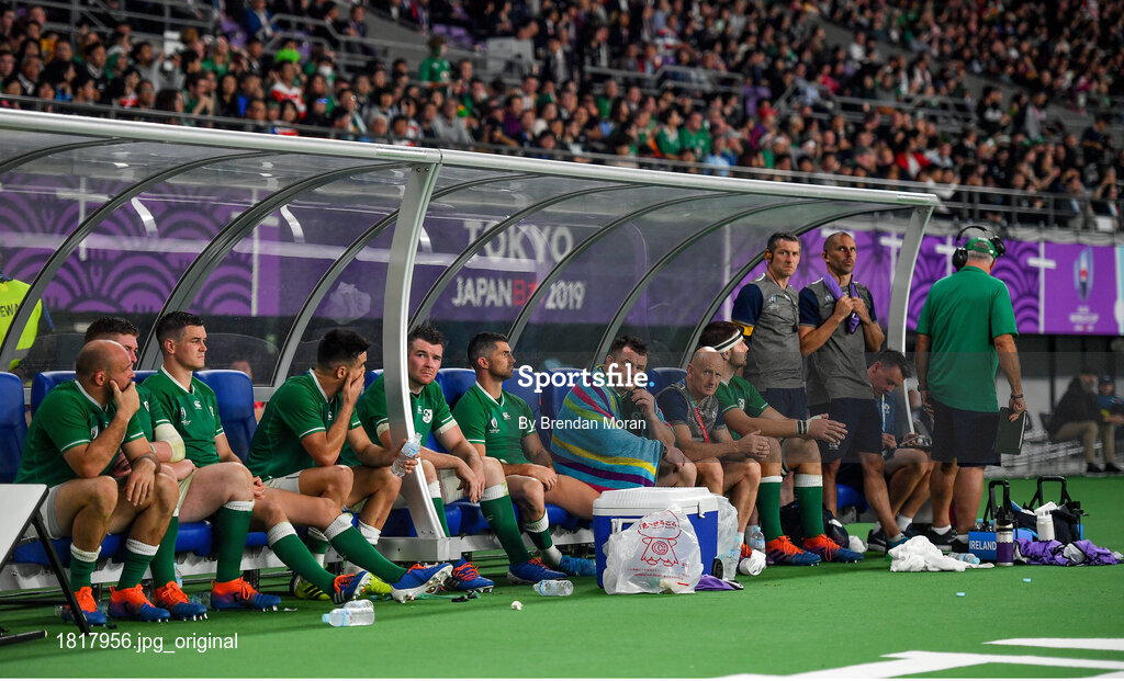 19 October 2019; Dejected Irish players look on during the closing stages of the 2019 Rugby World Cup Quarter-Final match between New Zealand and Ireland at the Tokyo Stadium in Chofu, Japan. Photo by Brendan Moran/Sportsfile