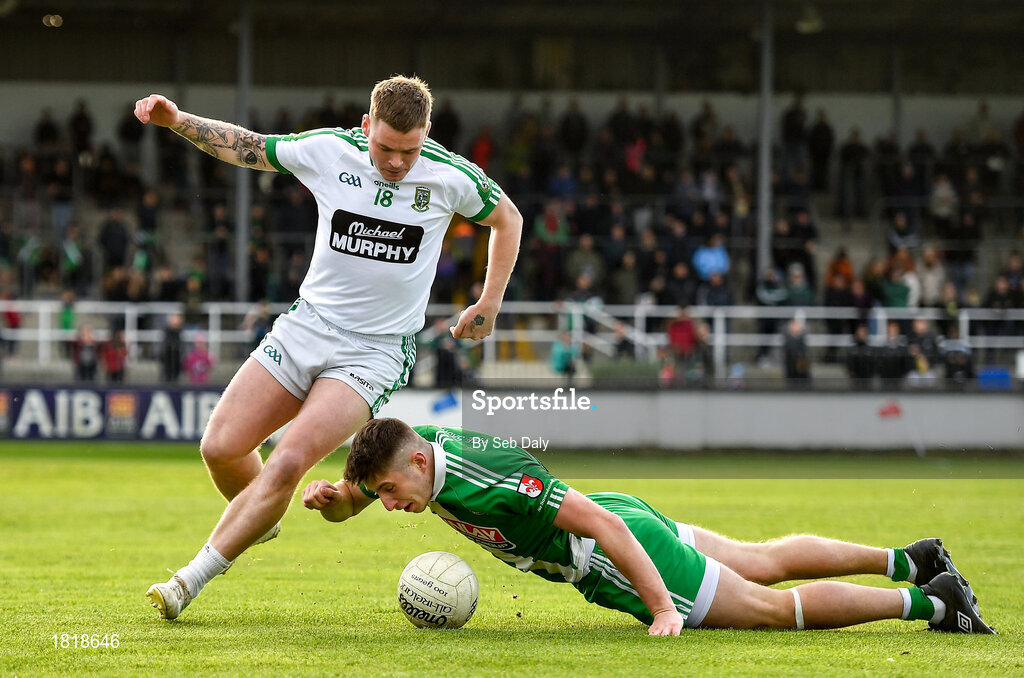 20 October 2019; Shea Ryan of Sarsfields in action against Adam Tyrell of Moorefield during the Kildare County Senior Club Football Championship Final match between Moorefield and Sarsfields at St Conleth's Park in Newbridge, Kildare. Photo by Seb Daly/Sportsfile