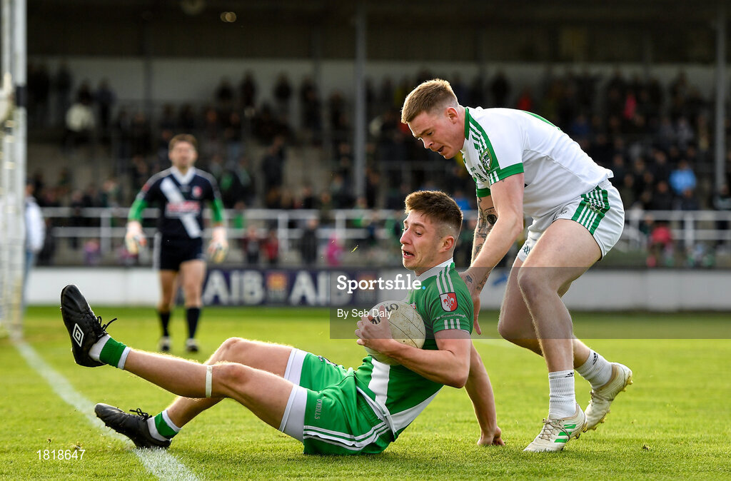 20 October 2019; Shea Ryan of Sarsfields in action against Adam Tyrell of Moorefield during the Kildare County Senior Club Football Championship Final match between Moorefield and Sarsfields at St Conleth's Park in Newbridge, Kildare. Photo by Seb Daly/Sportsfile