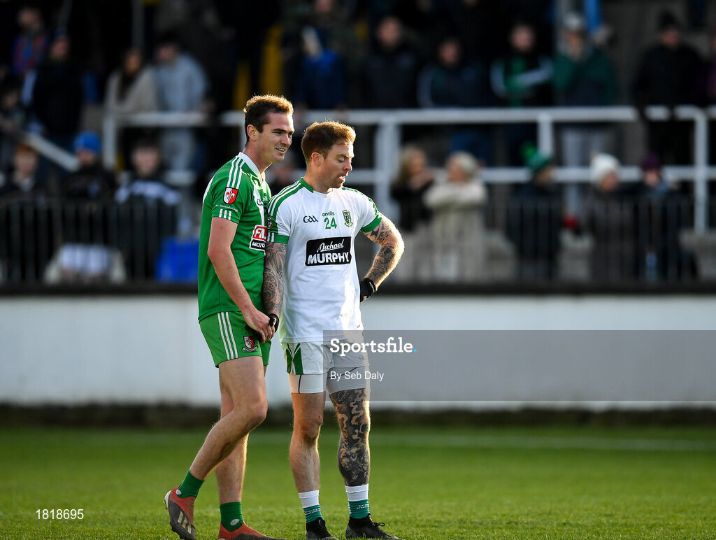 20 October 2019; Con Kavanagh of Sarsfields, left, and Eamonn Callaghan of Moorefield shake hands following the Kildare County Senior Club Football Championship Final match between Moorefield and Sarsfields at St Conleth's Park in Newbridge, Kildare. Photo by Seb Daly/Sportsfile