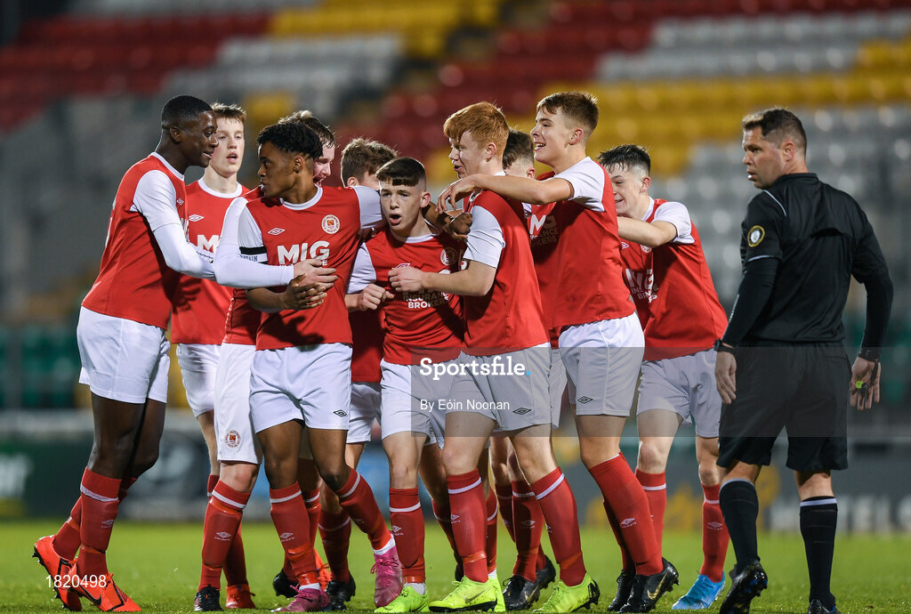 24 October 2019; Jack O'Reilly, centre, of St Patricks Athletic celebrates with team-mates after scoring his side's first goal of the game  during the SSE Airtricity Under-15 League Final match between Shamrock Rovers and St. Patrick's Athletic at Tallaght Stadium in Dublin. Photo by Eóin Noonan/Sportsfile
