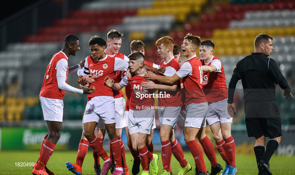 24 October 2019; Jack O'Reilly, centre, of St Patricks Athletic celebrates with team-mates after scoring his side's first goal of the game  during the SSE Airtricity Under-15 League Final match between Shamrock Rovers and St. Patrick's Athletic at Tallaght Stadium in Dublin. Photo by Eóin Noonan/Sportsfile