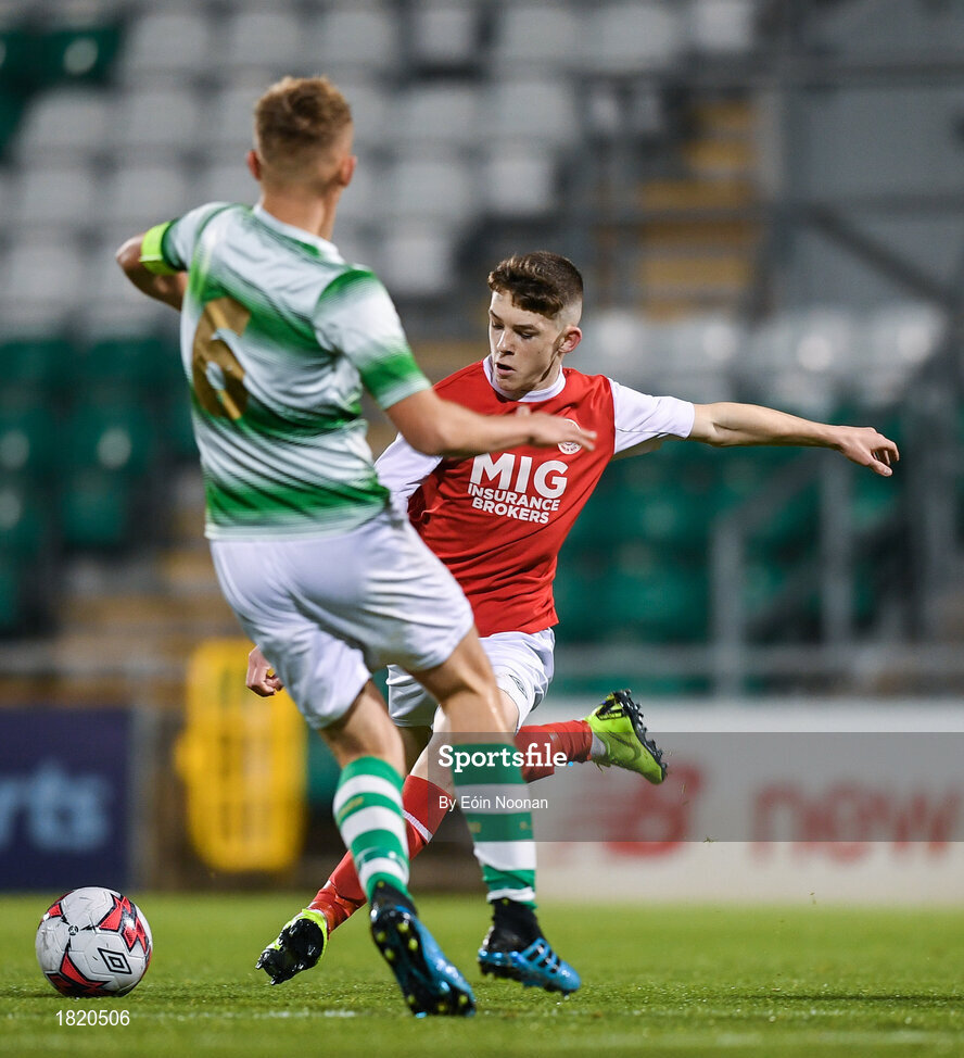 24 October 2019; Jack O'Reilly of St Patricks Athletic scores his side's first goal of the game despite the efforts of Ben Curtis of Shamrock Rovers during the SSE Airtricity Under-15 League Final match between Shamrock Rovers and St. Patrick's Athletic at Tallaght Stadium in Dublin. Photo by Eóin Noonan/Sportsfile