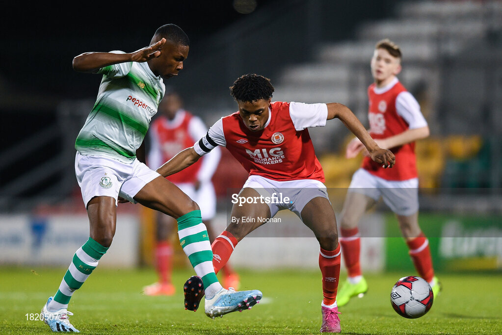 24 October 2019; Edwin Agbaje of Shamrock Rovers in action against Glory Nzingo of St Patricks Athletic during the SSE Airtricity Under-15 League Final match between Shamrock Rovers and St. Patrick's Athletic at Tallaght Stadium in Dublin. Photo by Eóin Noonan/Sportsfile