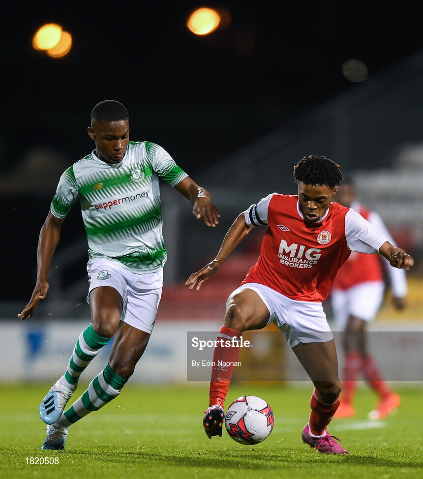 24 October 2019; Edwin Agbaje of Shamrock Rovers in action against Glory Nzingo of St Patricks Athletic during the SSE Airtricity Under-15 League Final match between Shamrock Rovers and St. Patrick's Athletic at Tallaght Stadium in Dublin. Photo by Eóin Noonan/Sportsfile