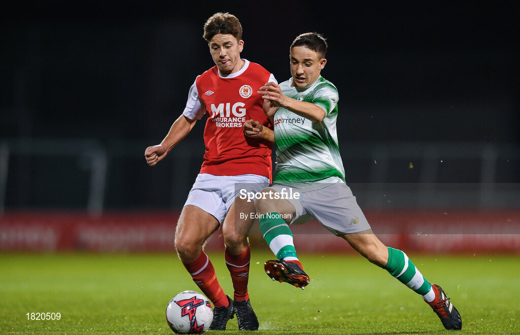 24 October 2019; Kelvin Burke of St Patricks Athletic in action against Michael Leddy of Shamrock Rovers during the SSE Airtricity Under-15 League Final match between Shamrock Rovers and St. Patrick's Athletic at Tallaght Stadium in Dublin. Photo by Eóin Noonan/Sportsfile