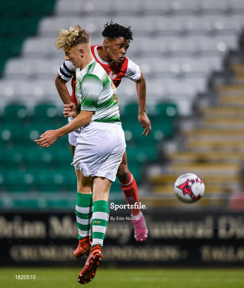 24 October 2019; Glory Nzingo of St Patricks Athletic in action against Sam Curtis of Shamrock Rovers during the SSE Airtricity Under-15 League Final match between Shamrock Rovers and St. Patrick's Athletic at Tallaght Stadium in Dublin. Photo by Eóin Noonan/Sportsfile