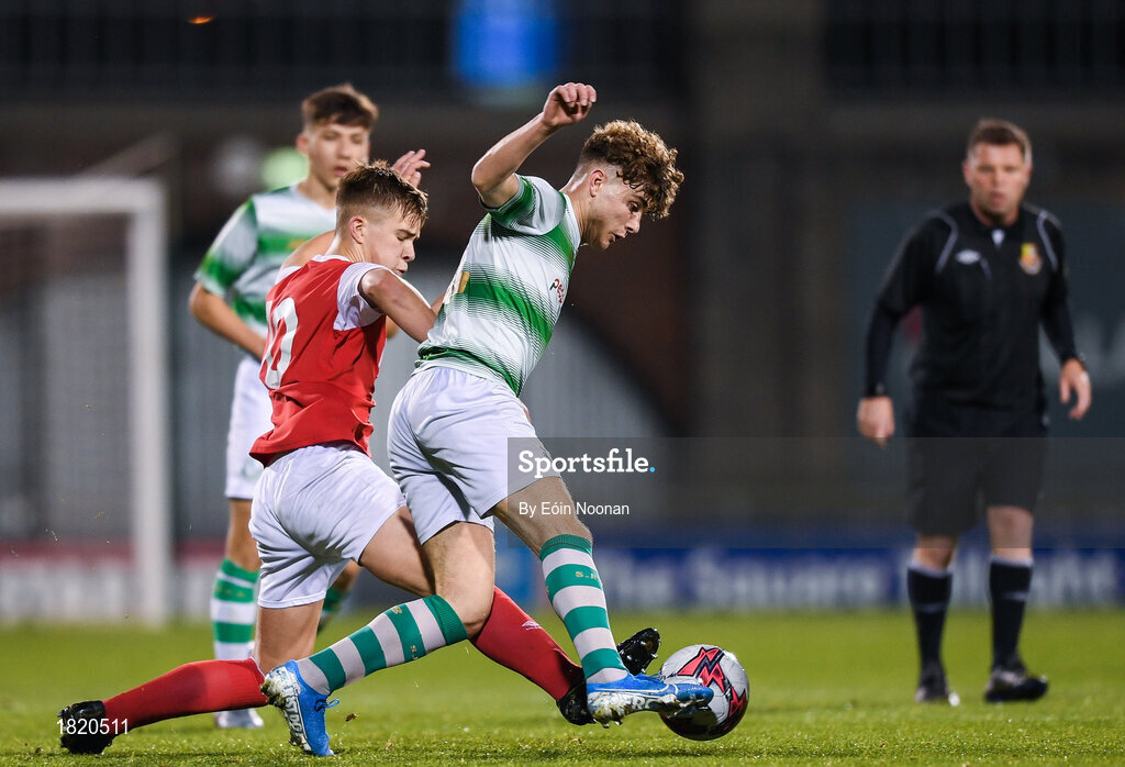 24 October 2019; Kevin Zefi of Shamrock Rovers in action against Thomas Lonergan of St Patricks Athletic during the SSE Airtricity Under-15 League Final match between Shamrock Rovers and St. Patrick's Athletic at Tallaght Stadium in Dublin. Photo by Eóin Noonan/Sportsfile