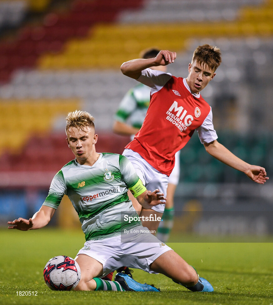 24 October 2019; Ben Curtis of Shamrock Rovers in action against Thomas Lonergan of St Patricks Athletic  during the SSE Airtricity Under-15 League Final match between Shamrock Rovers and St. Patrick's Athletic at Tallaght Stadium in Dublin. Photo by Eóin Noonan/Sportsfile