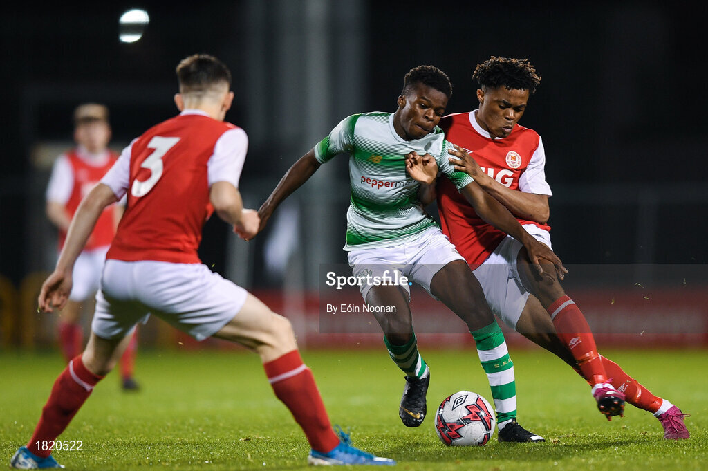 24 October 2019; Eureal Abidaye of Shamrick Rovers is tackled by Glory Nzingo of St Patricks Athletic during the SSE Airtricity Under-15 League Final match between Shamrock Rovers and St. Patrick's Athletic at Tallaght Stadium in Dublin. Photo by Eóin Noonan/Sportsfile
