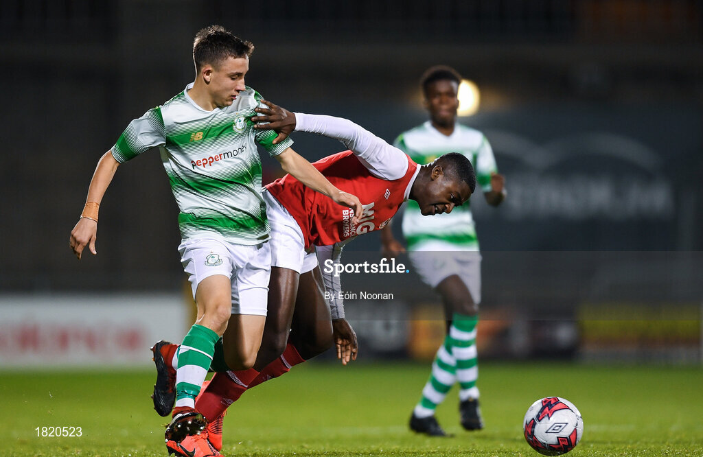 24 October 2019; Michael Leddy of Shamrock Rovers in action against James Abankwah of St Patricks Athletic during the SSE Airtricity Under-15 League Final match between Shamrock Rovers and St. Patrick's Athletic at Tallaght Stadium in Dublin. Photo by Eóin Noonan/Sportsfile