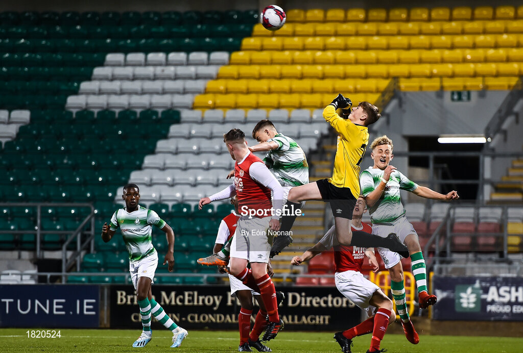 24 October 2019; Kian Clements of St Patricks Athletic in action against Alex Conlan of Shamrock Rovers during the SSE Airtricity Under-15 League Final match between Shamrock Rovers and St. Patrick's Athletic at Tallaght Stadium in Dublin. Photo by Eóin Noonan/Sportsfile
