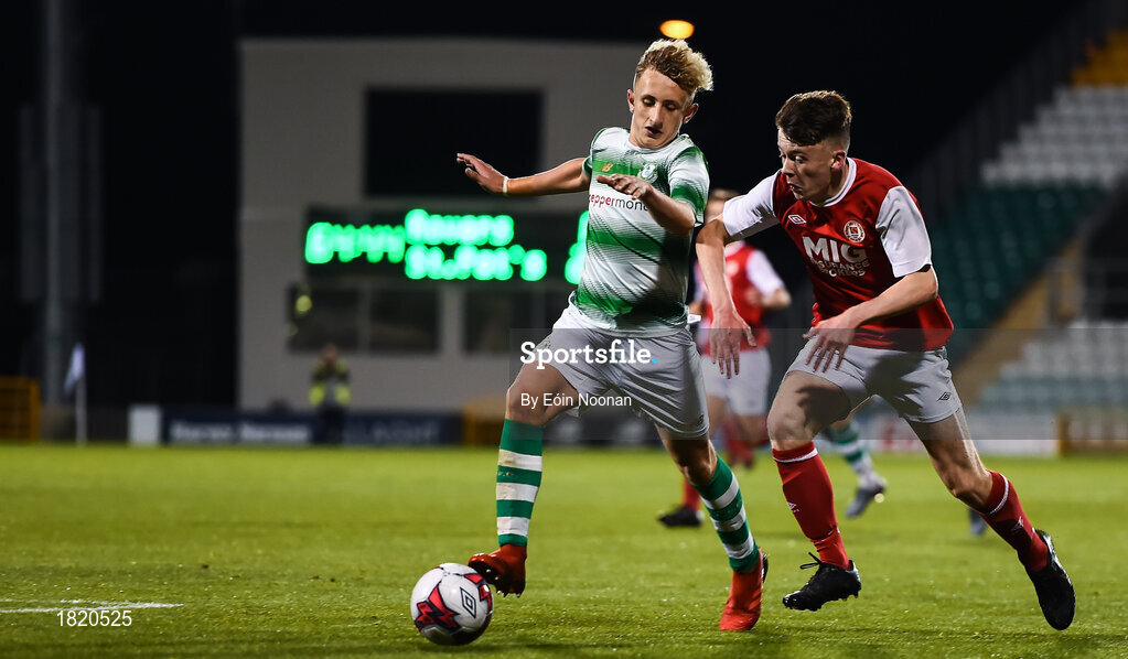 24 October 2019; Dara Mcguinness of St Patricks Athletic in action against Sam Curtis of Shamrock Rovers during the SSE Airtricity Under-15 League Final match between Shamrock Rovers and St. Patrick's Athletic at Tallaght Stadium in Dublin. Photo by Eóin Noonan/Sportsfile
