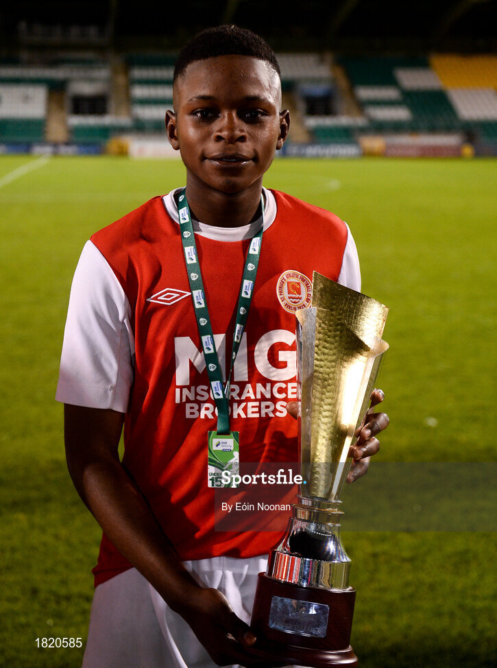 24 October 2019; Belguy Manzambi of St Patricks Athletic following the SSE Airtricity Under-15 League Final match between Shamrock Rovers and St. Patrick's Athletic at Tallaght Stadium in Dublin. Photo by Eóin Noonan/Sportsfile