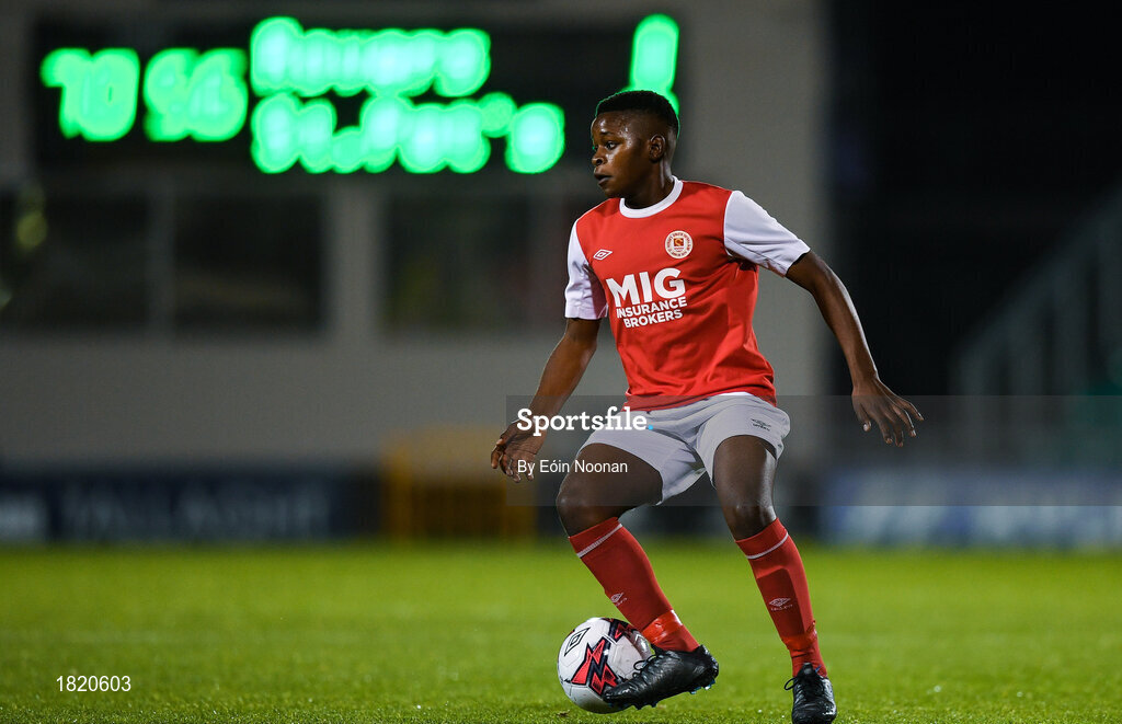24 October 2019; Belguy Manzambi of St Patricks Athletic during the SSE Airtricity Under-15 League Final match between Shamrock Rovers and St. Patrick's Athletic at Tallaght Stadium in Dublin. Photo by Eóin Noonan/Sportsfile