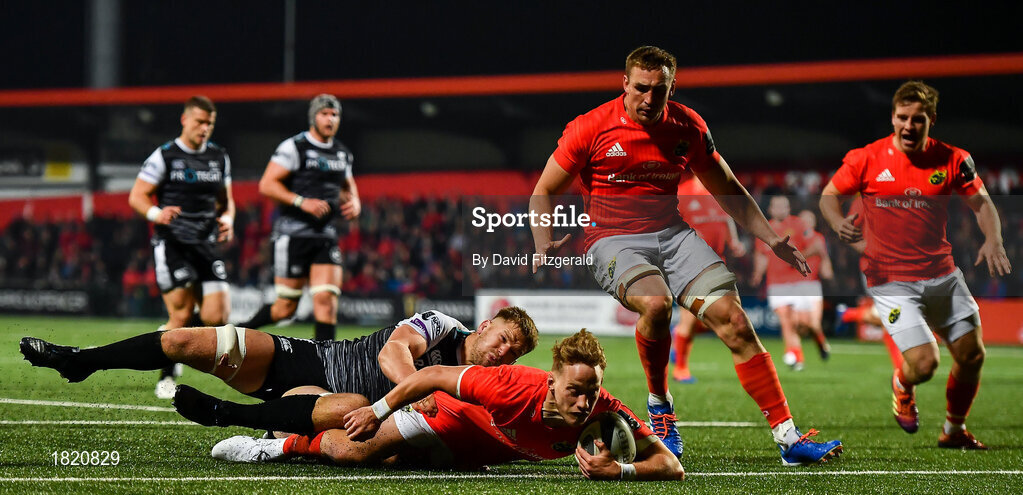 25 October 2019; Mike Haley of Munster goes over to score his side's third try despite the attempted tackle from Olly Cracknell of Ospreys during the Guinness PRO14 Round 4 match between Munster and Ospreys at Irish Independent Park in Cork. Photo by David Fitzgerald/Sportsfile