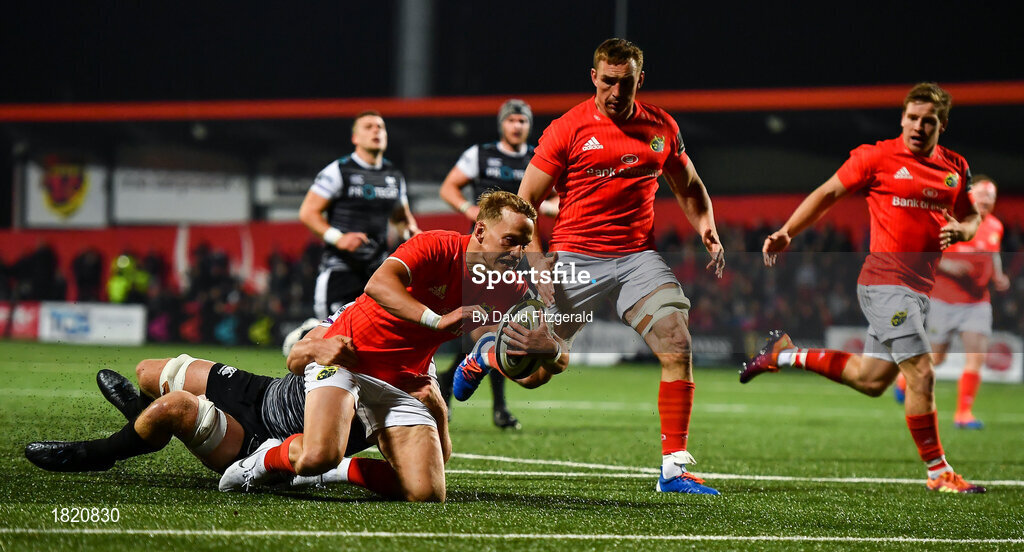 25 October 2019; Mike Haley of Munster goes over to score his side's third try despite the attempted tackle from Olly Cracknell of Ospreys during the Guinness PRO14 Round 4 match between Munster and Ospreys at Irish Independent Park in Cork. Photo by David Fitzgerald/Sportsfile