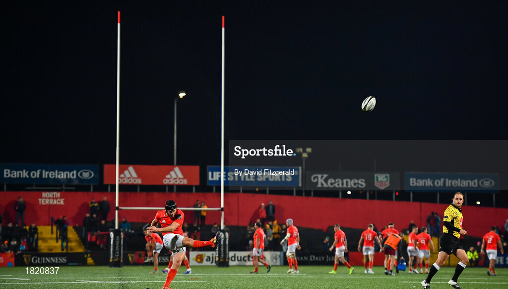 25 October 2019; Tyler Bleyendaal of Munster kicks a conversion during the Guinness PRO14 Round 4 match between Munster and Ospreys at Irish Independent Park in Cork. Photo by David Fitzgerald/Sportsfile