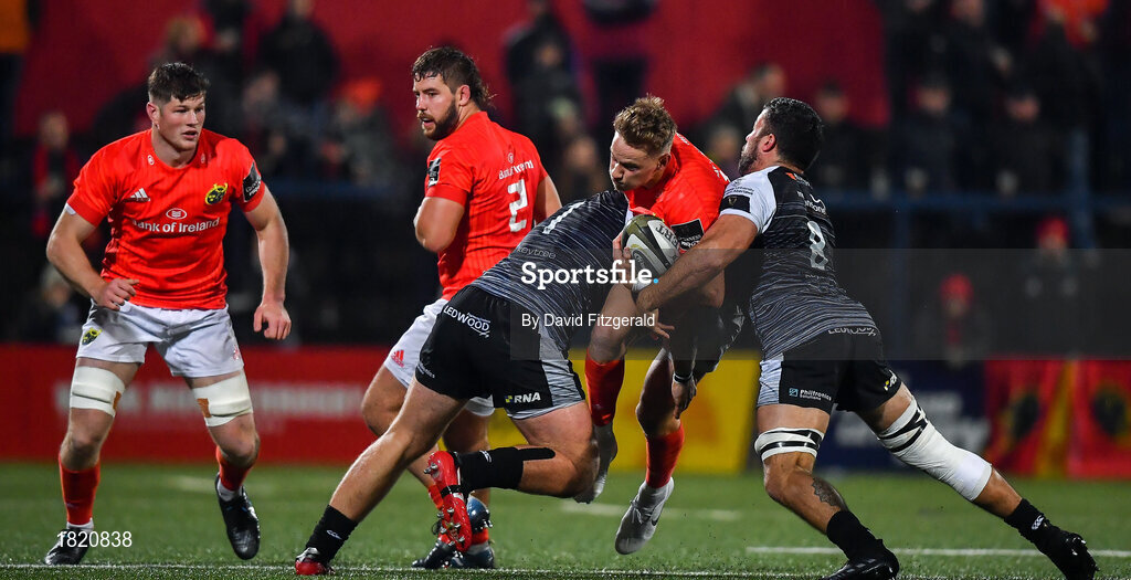 25 October 2019; Mike Haley of Munster is tackled by Gareth Evans, right, and Rhodri Jones of Ospreys during the Guinness PRO14 Round 4 match between Munster and Ospreys at Irish Independent Park in Cork. Photo by David Fitzgerald/Sportsfile