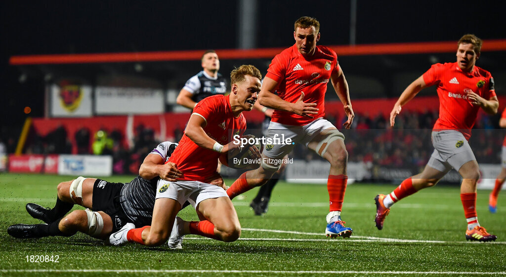 25 October 2019; Mike Haley of Munster goes over to score his side's third try despite the attempted tackle from Olly Cracknell of Ospreys during the Guinness PRO14 Round 4 match between Munster and Ospreys at Irish Independent Park in Cork. Photo by David Fitzgerald/Sportsfile