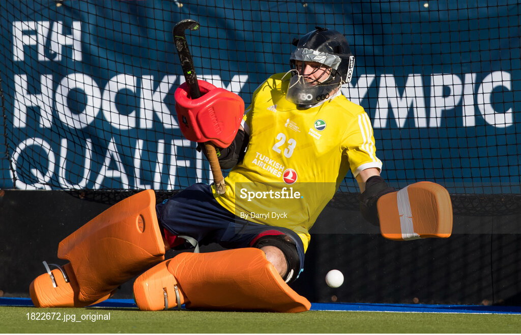 27 October 2019; 27 October 2019; Ireland goalkeeper David Fizgerald allows a goal to Scott Tupper of Canada during a penalty shot to tie the aggregate score with no time left during the second half of the FIH Men's Olympic Qualifier match at Rutledge Field, in West Vancouver, British Columbia, Canada. The goal forced a shootout where Ireland was defeated by Canada. Photo by Darryl Dyck/Sportsfile