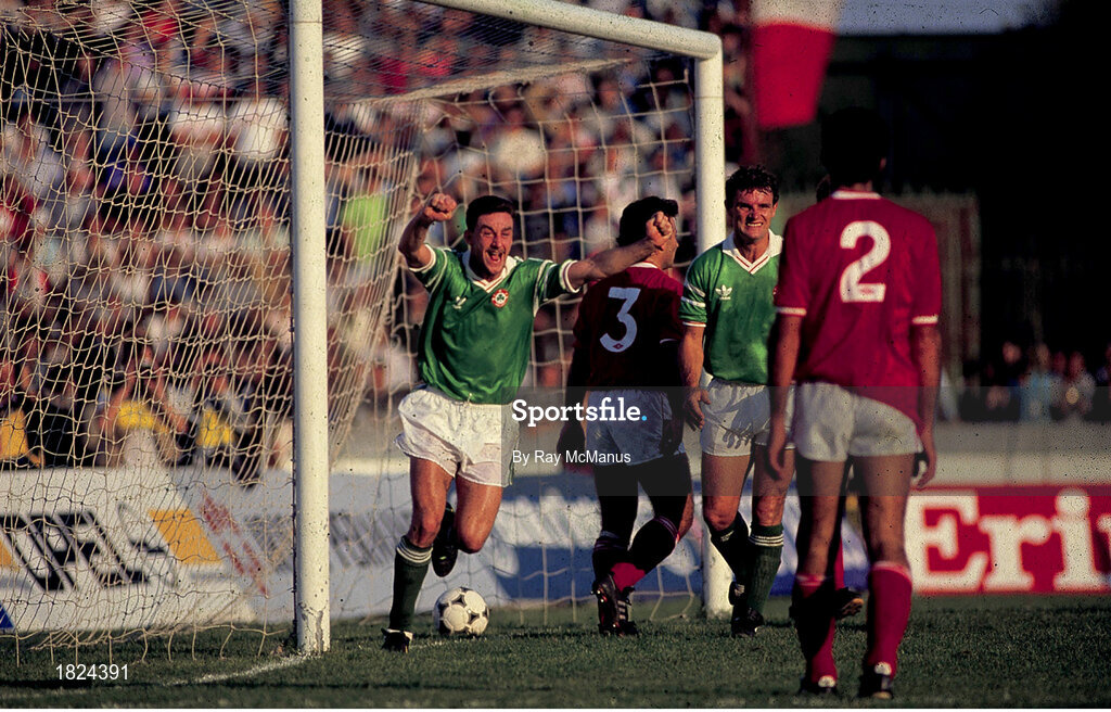 15 November 1989; John Aldridge of Repuplic of Ireland celebrates after scoring his side's first goal during the 1990 FIFA World Cup Qualification match between Malta and Republic of Ireland at the National Stadium in Ta'Qali, Malta. Photo by Ray McManus/SPORTSFILE
