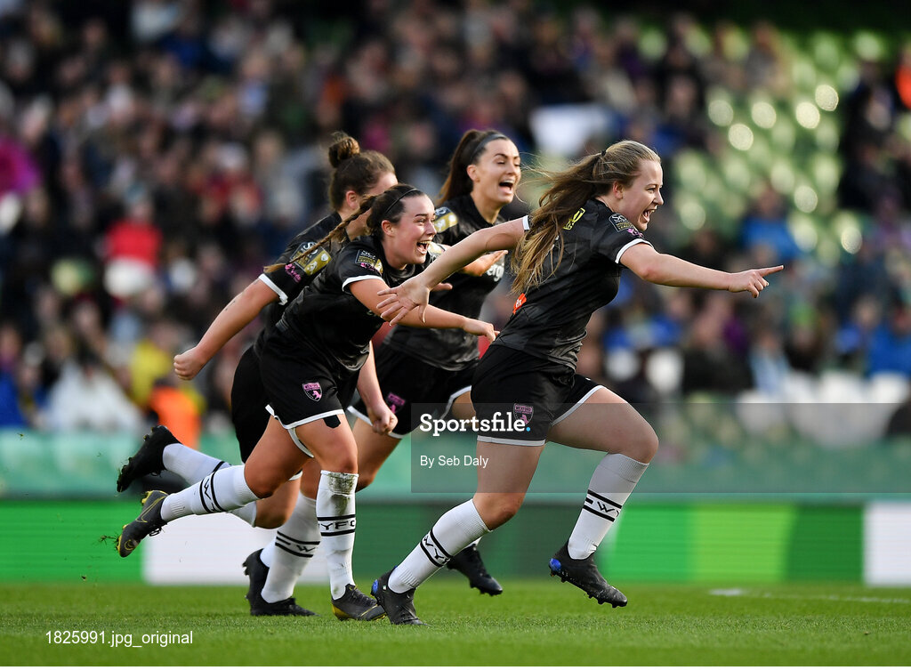 3 November 2019; Lauren Kelly of Wexford Youths, right, celebrates with team-mates after scoring his side's second goal during the Só Hotels FAI Women's Cup Final between Wexford Youths and Peamount United at the Aviva Stadium in Dublin. Photo by Seb Daly/Sportsfile
