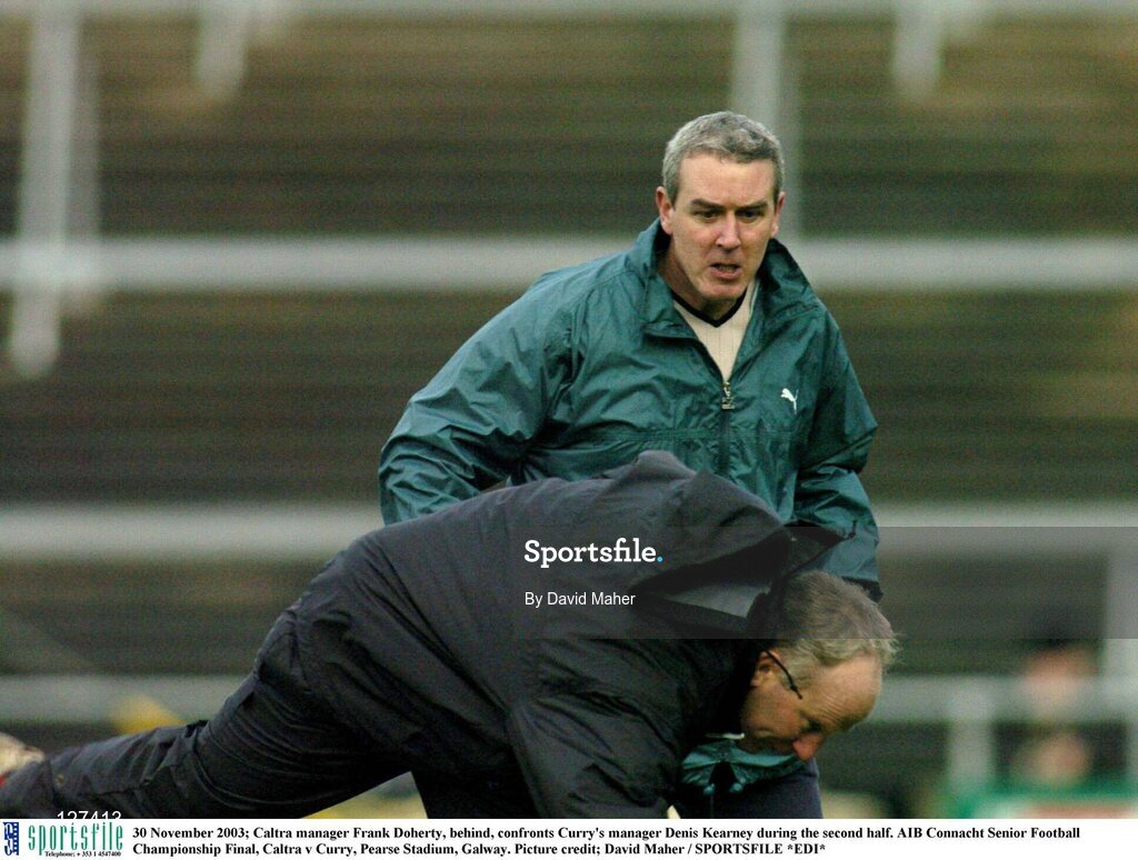 30 November 2003; Caltra manager Frank Doherty, behind, confronts Curry's manager Denis Kearney during the second half. AIB Connacht Senior Football Championship Final, Caltra v Curry, Pearse Stadium, Galway. Picture credit; David Maher / SPORTSFILE *EDI*