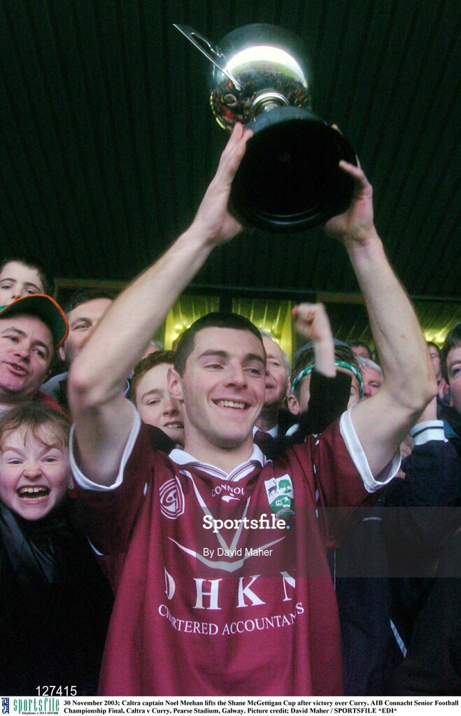 30 November 2003; Caltra captain Noel Meehan lifts the Shane McGettigan Cup after victory over Curry. AIB Connacht Senior Football Championship Final, Caltra v Curry, Pearse Stadium, Galway. Picture credit; David Maher / SPORTSFILE *EDI*