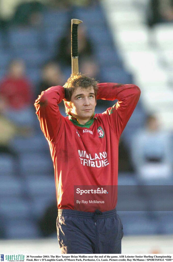 30 November 2003; The Birr 'keeper Brian Mullins near the end of the game. AIB Leinster Senior Hurling Championship Final, Birr v O'Loughlin Gaels, O'Moore Park, Portlaoise, Co. Laois. Picture credit; Ray McManus / SPORTSFILE *EDI*