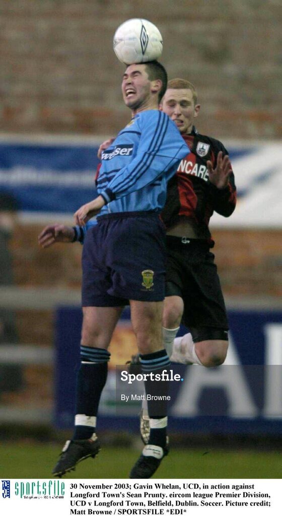 30 November 2003; Gavin Whelan, UCD, in action against Longford Town's Sean Prunty. eircom league Premier Division, UCD v Longford Town, Belfield, Dublin. Soccer. Picture credit; Matt Browne / SPORTSFILE *EDI*