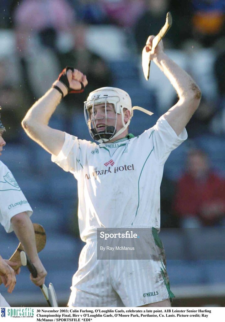 30 November 2003; Colin Furlong, O'Loughlin Gaels, celebrates a late point. AIB Leinster Senior Hurling Championship Final, Birr v O'Loughlin Gaels, O'Moore Park, Portlaoise, Co. Laois. Picture credit; Ray McManus / SPORTSFILE *EDI*